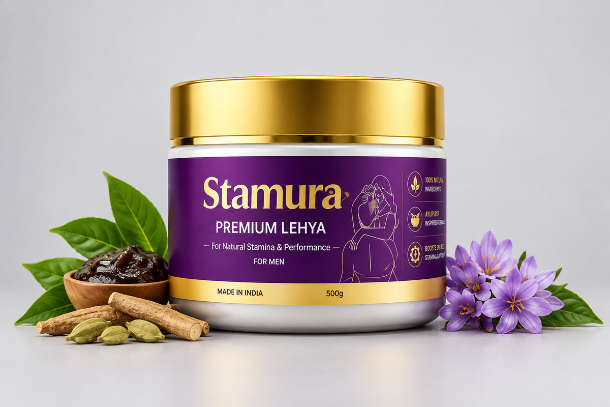 A jar of BIODAWA Stamara Premium Lehya shown on a purple promotional background with gold and white text, decorative leaves, and feature callouts on the right.